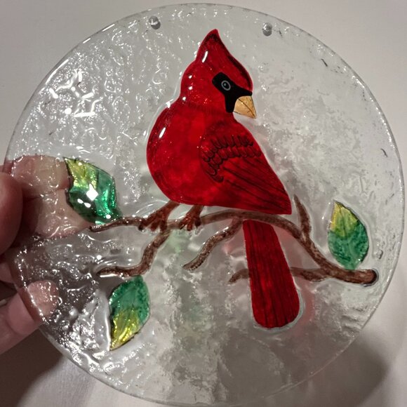 Glass suncatcher 6-inch round red cardinal bird design - Picture 1 of 3